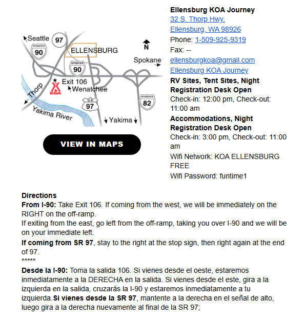 Driving directions to Ellensburg Camp Resort from I-90 Exit 106